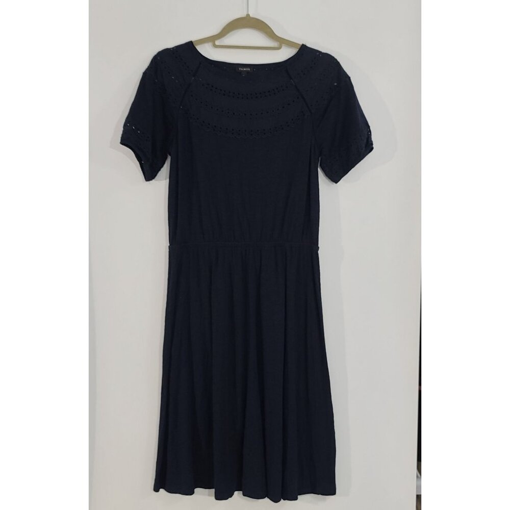 Talbots Navy Royal Blue Eyelet‎ Trim Slip On Short Sleeve Midi Dress Size Small